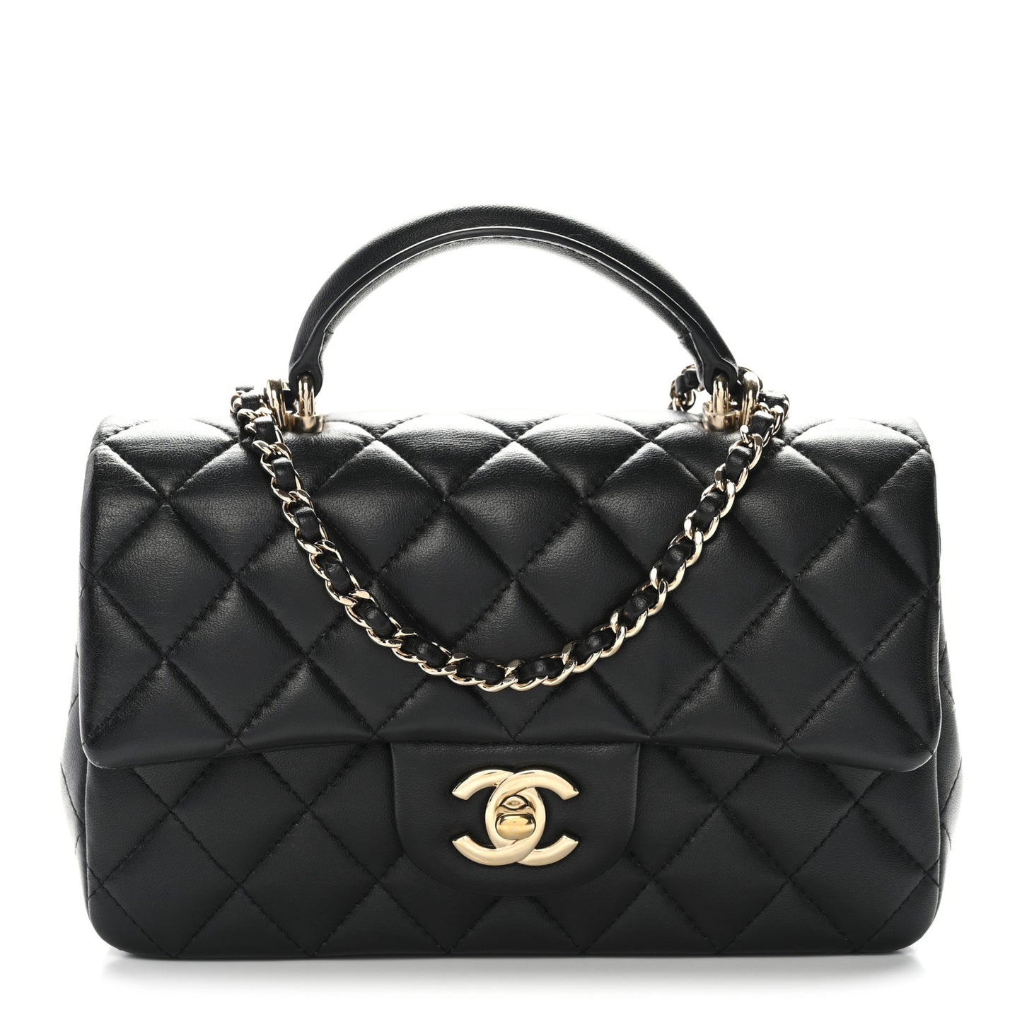 Lambskin Quilted Mini Top Handle Rectangular Flap Black