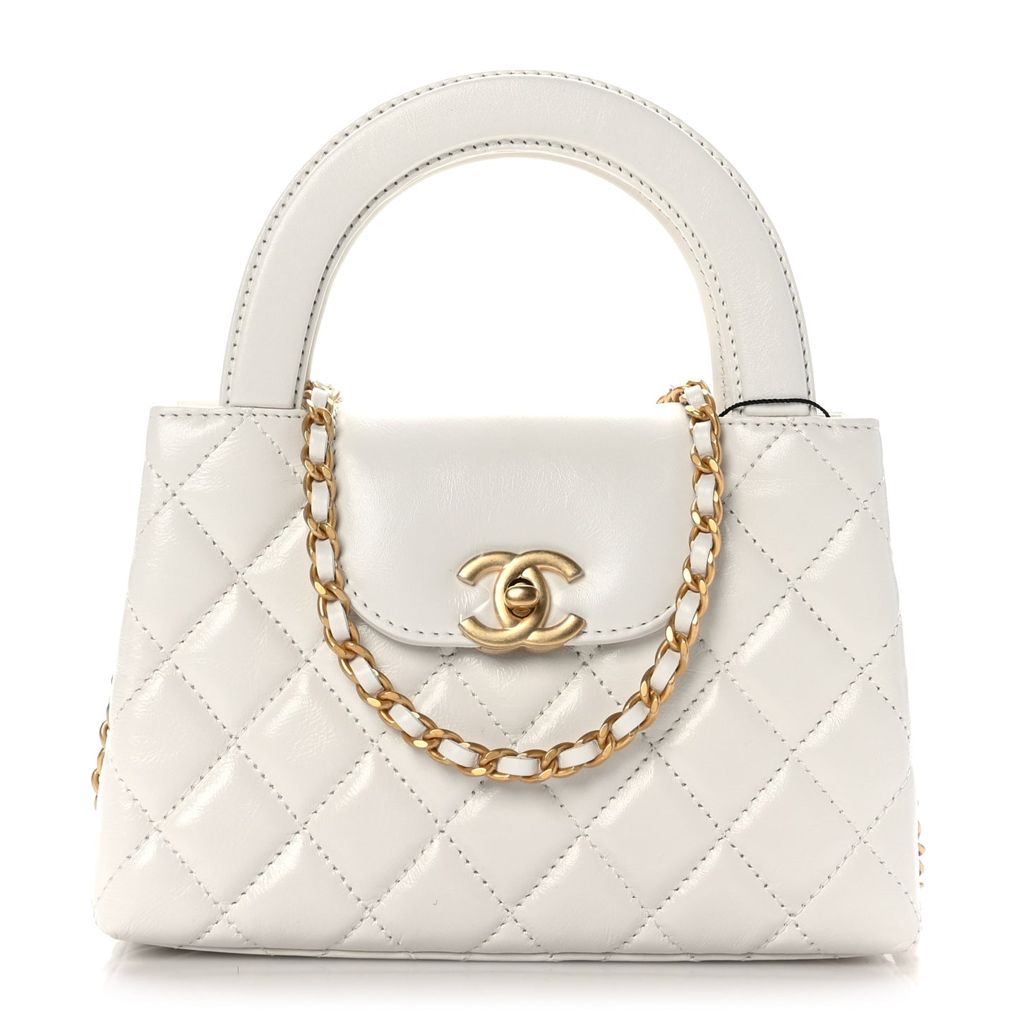Shiny Aged Calfskin Quilted Nano Kelly Shopper White