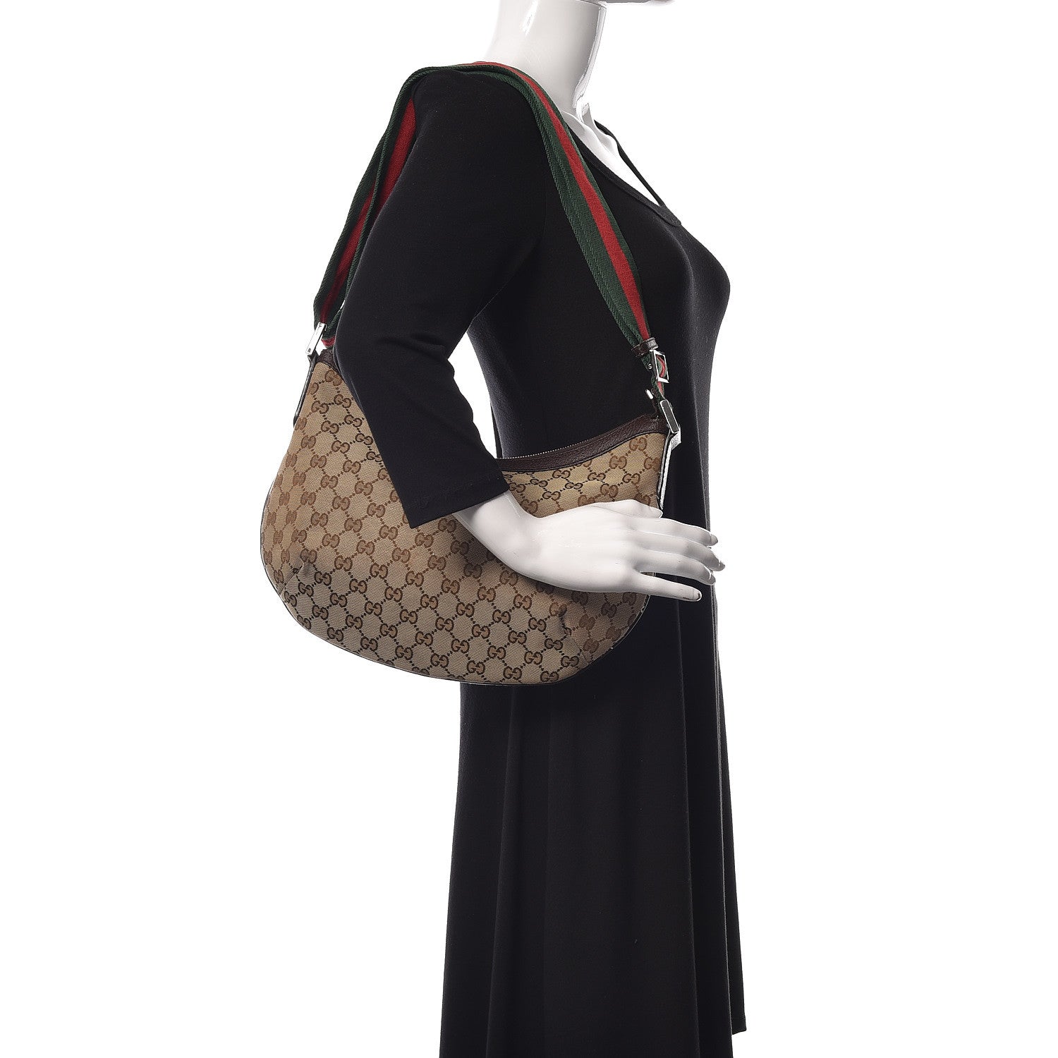 Gucci Monogram Web Medium Half Moon Hobo Dark Brown 2 of 10
