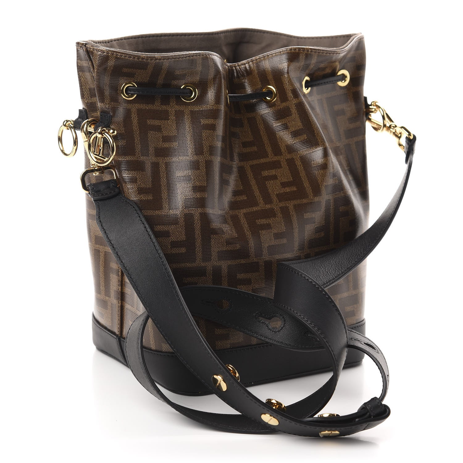 Fendi Glazed Fabric Vitello Grace F is Fendi FF 1974 Stamp Patch Grande Mon Tresor Bucket Bag Mogano Panna Black 3 of 11