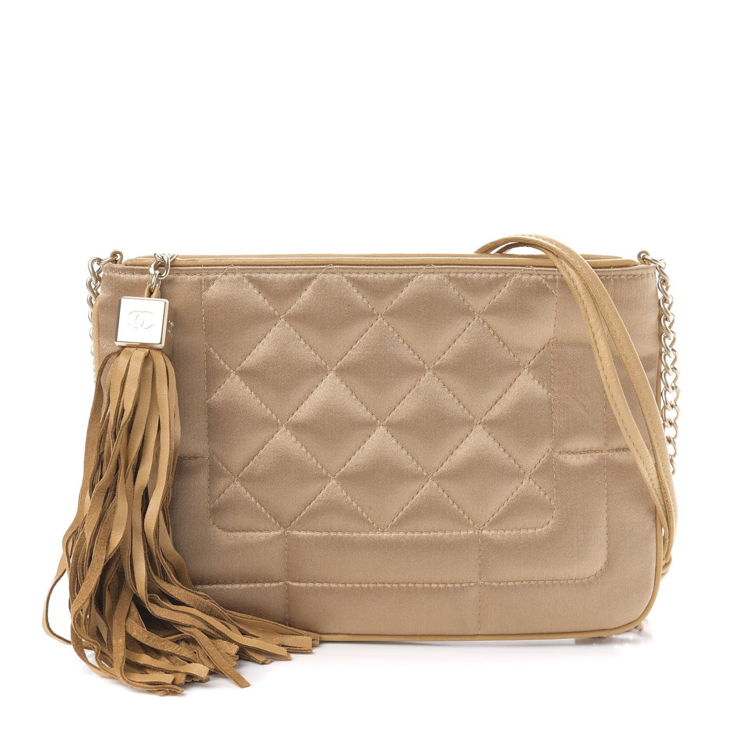Satin Lambskin Quilted CC Tassel Shoulder Bag Beige