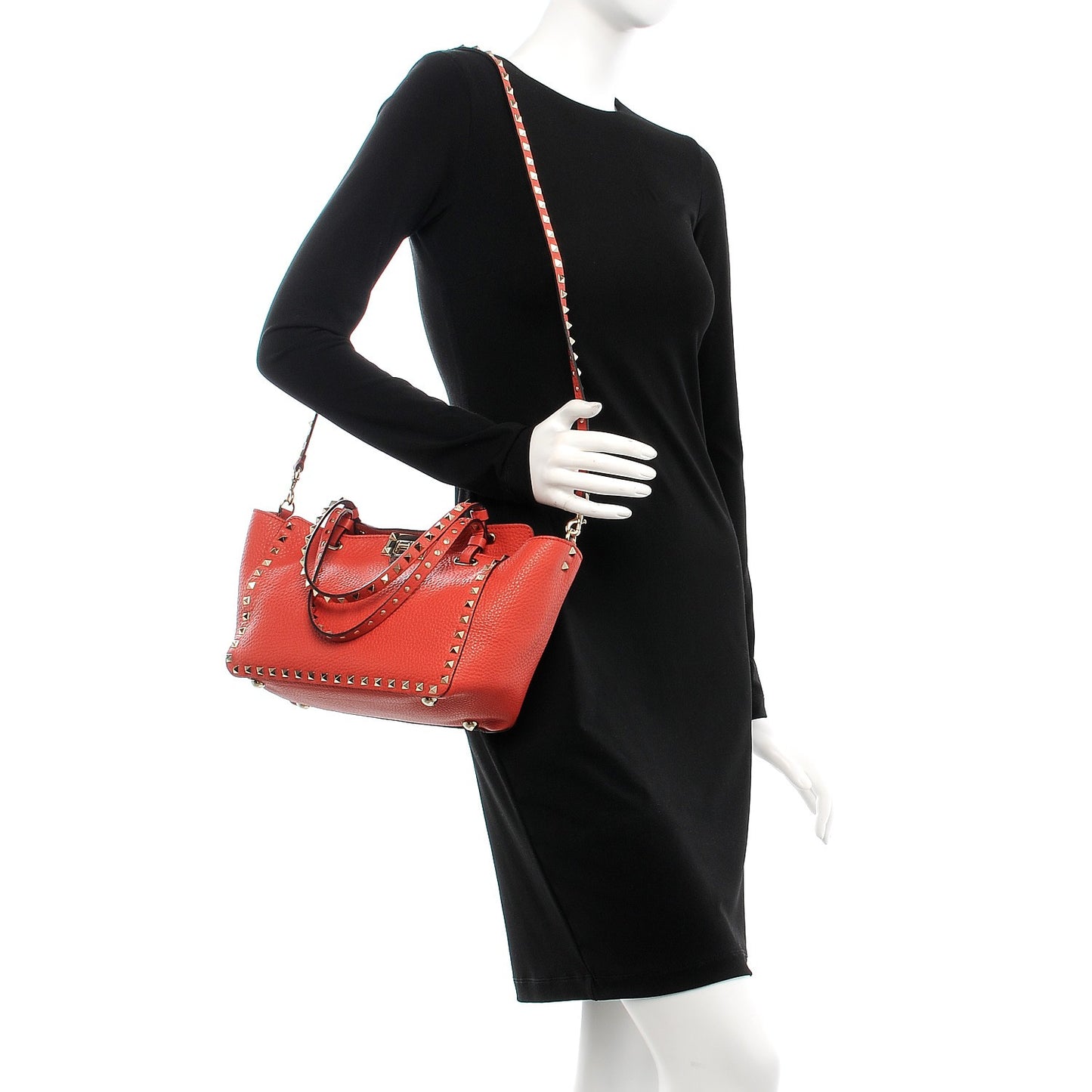 Grained Calfskin Small Rockstud Tote Deep Coral