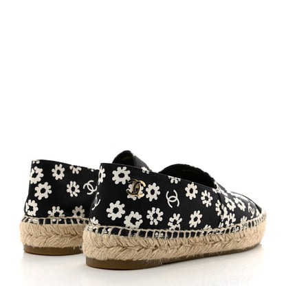 Chanel Fabric Printed Grosgrain Floral Espadrilles 38 Black Ivory 4 of 10