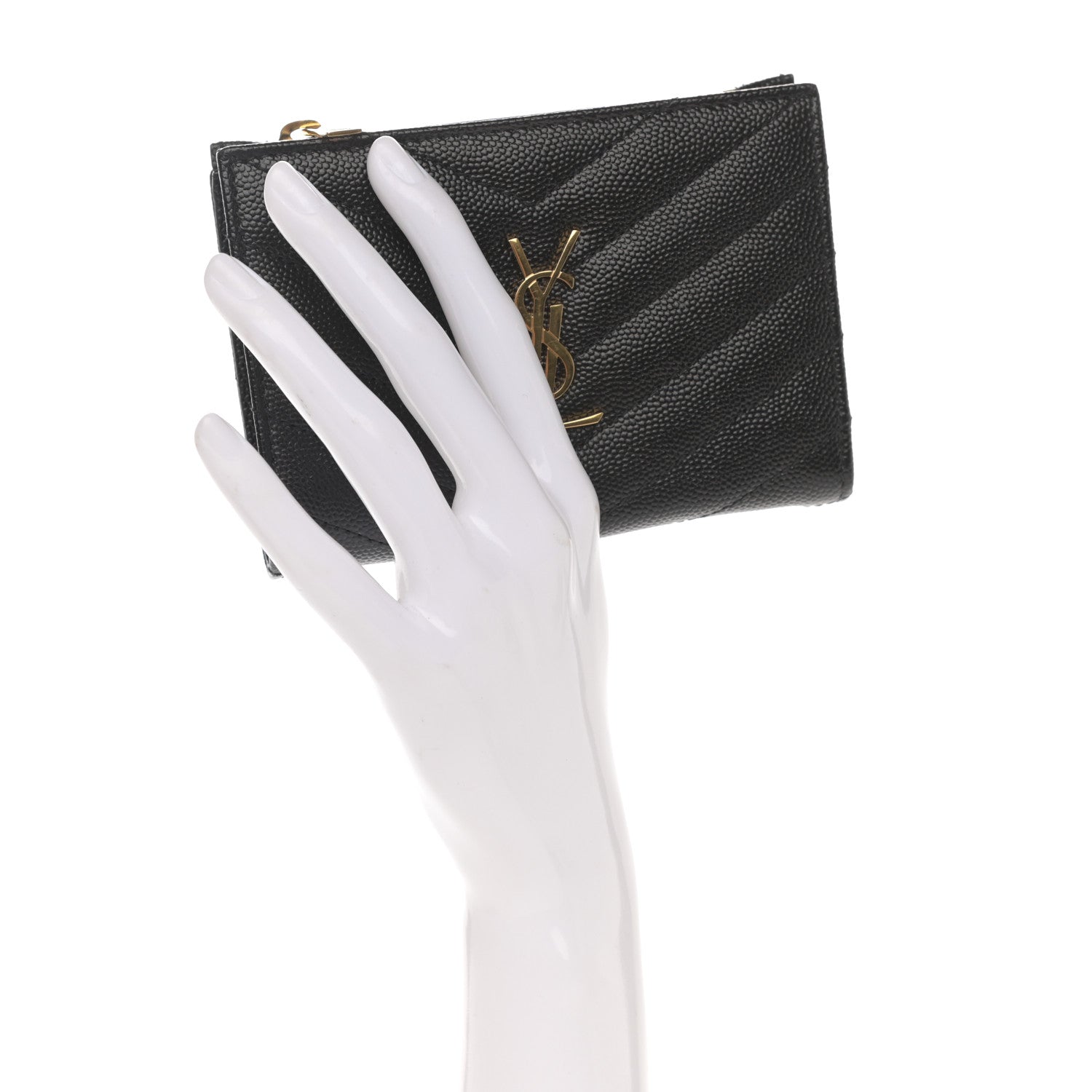 Saint Laurent Grain De Poudre Matelasse Chevron Monogram Zipped Card Case Black 2 of 8
