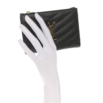 Saint Laurent Grain De Poudre Matelasse Chevron Monogram Zipped Card Case Black 2 of 8
