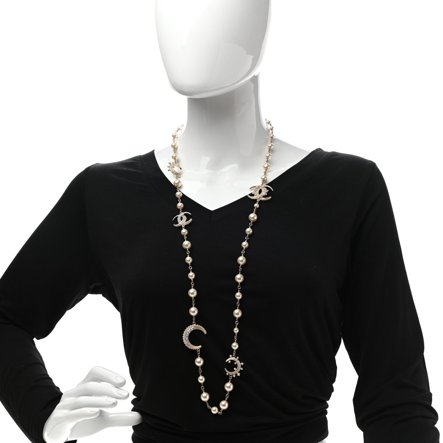 Pearl Baguette Crystal CC Moon Long Necklace Gold