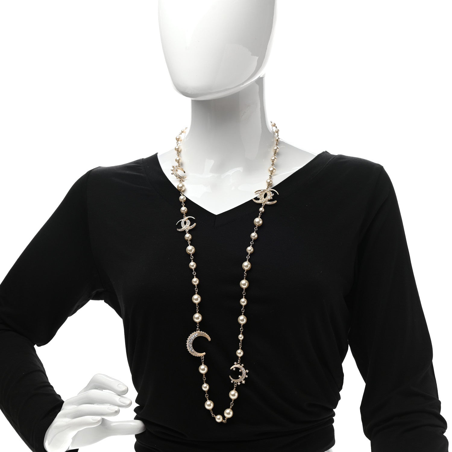 Chanel Pearl Baguette Crystal CC Moon Long Necklace Gold 2 of 6