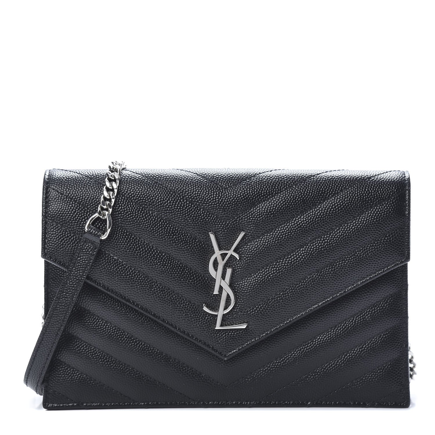 Saint Laurent Grain De Poudre Matelasse Chevron Monogram Envelope Chain Wallet Black 1 of 11