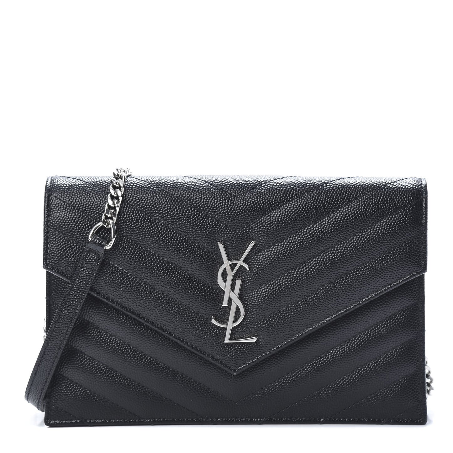 Grain De Poudre Matelasse Chevron Monogram Envelope Chain Wallet Black