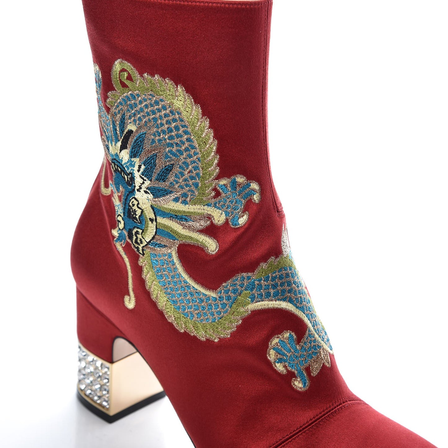 Silk Satin Malaga Kid Embroidered Candy Dragon Block-Heel Ankle Boot 36.5 Red