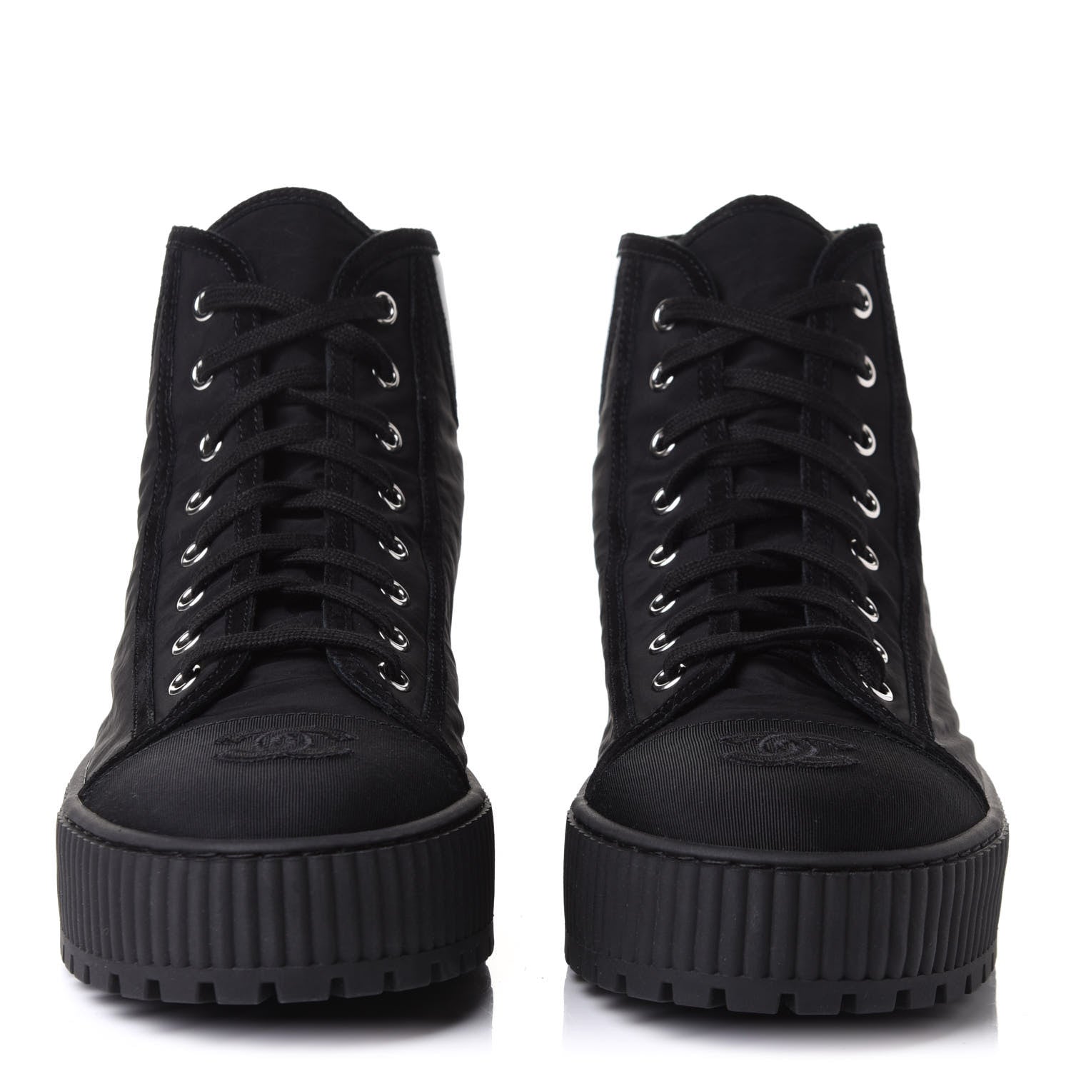 Chanel Fabric Suede Kidskin Grosgrain Lace Up Cap Toe Sneakers 42 Black White 2 of 11