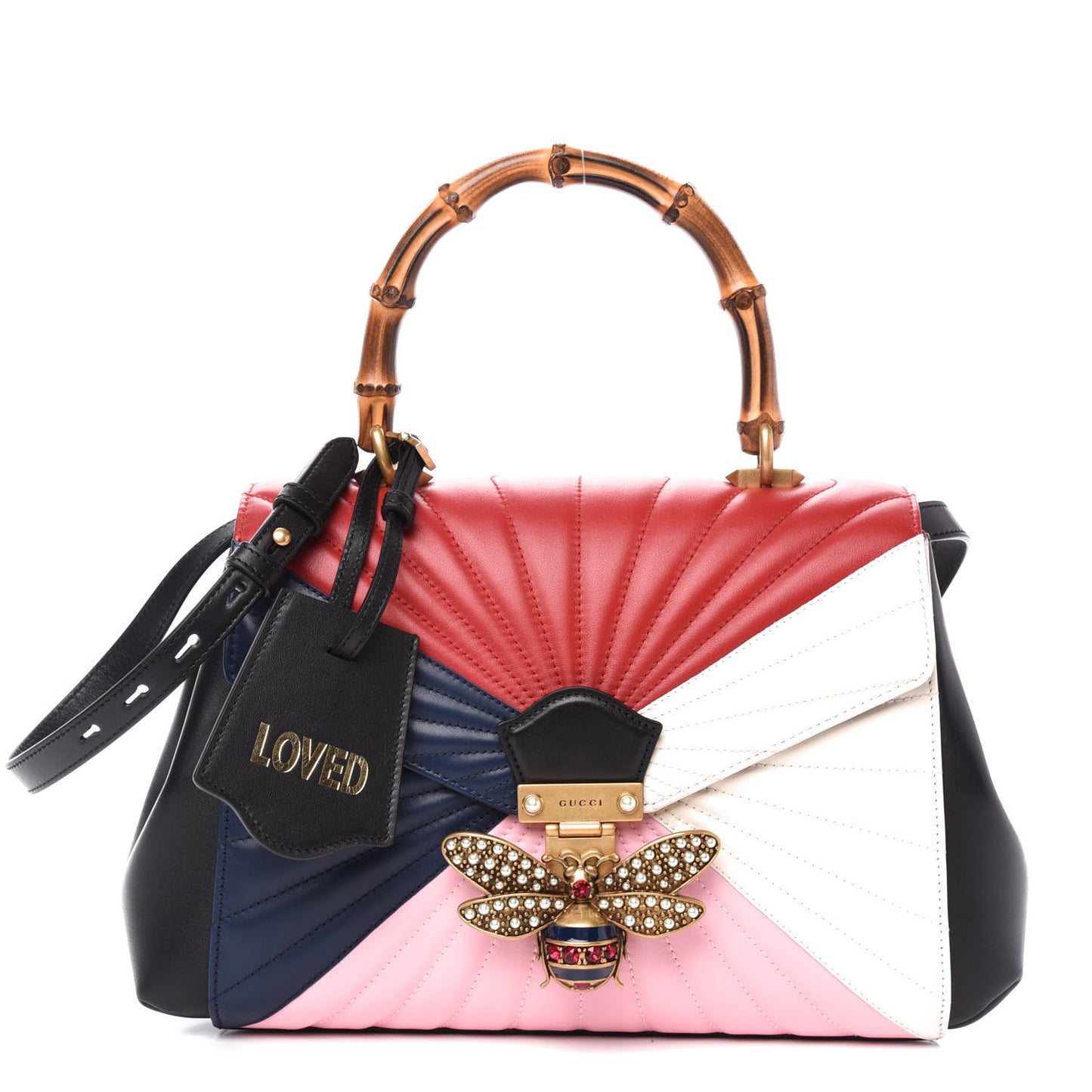 Calfskin Bamboo Trapuntata Queen Margaret Top Handle Bag Blue Agata Hibiscus Red Mystic White Sugar Pink