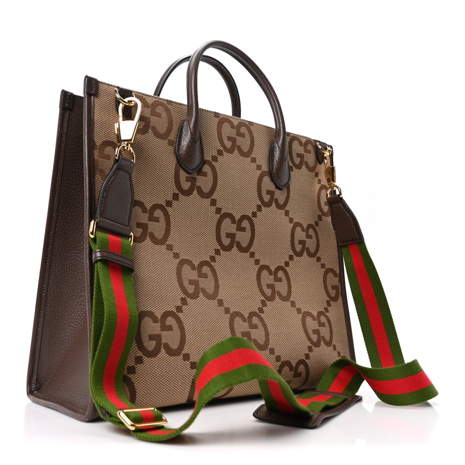 Gucci Monogram Jumbo GG Textured Dollar Calfskin Web Tote Bag Camel Ebony New Acero 3 of 9