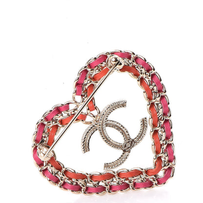Chanel Metal Calfskin Braided Heart CC Brooch Pink Red Gold 3 of 6