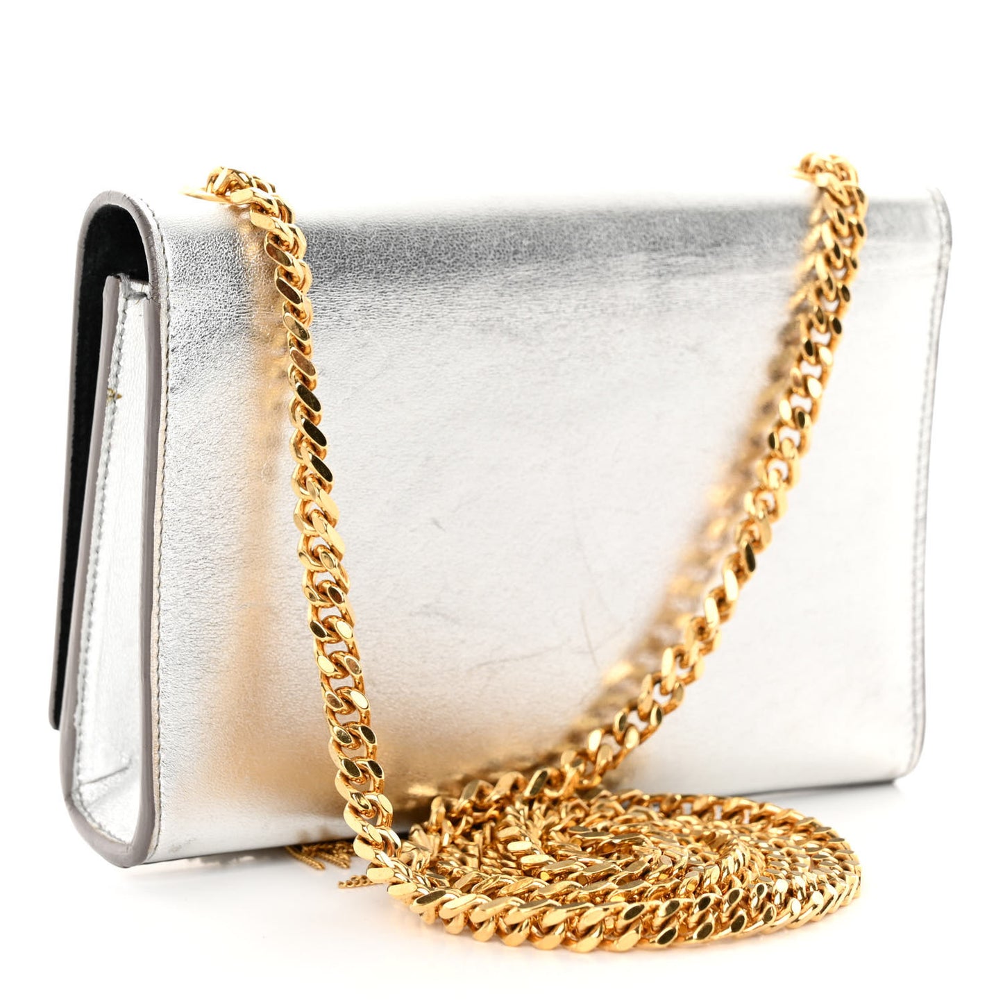 Metallic Calfskin Small Classic Monogram Kate Tassel Satchel Silver