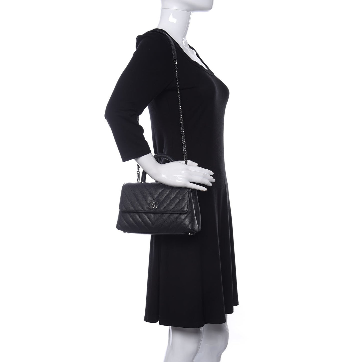 Caviar Chevron Quilted Mini Coco Handle Flap Dark Grey