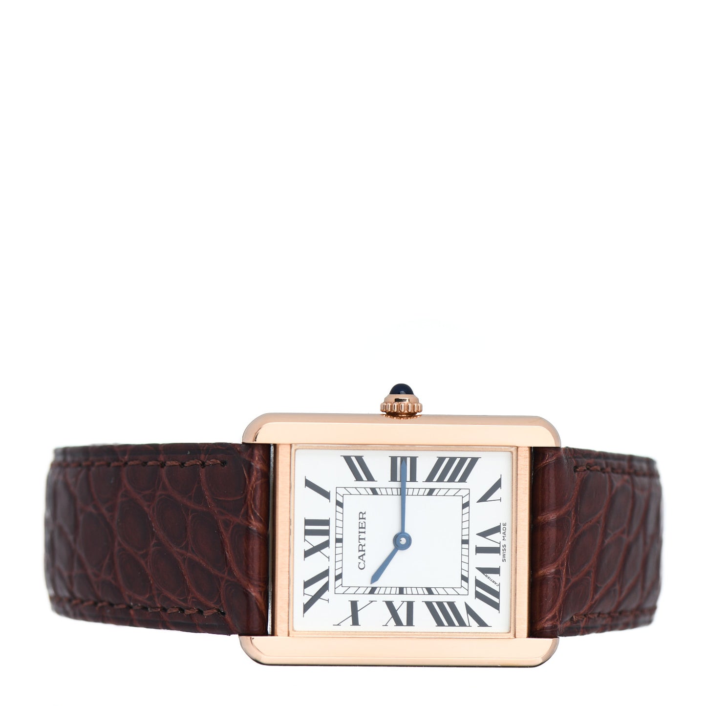 Stainless Steel 18K Pink Gold Alligator 27mm Tank Solo Quartz Watch Brown