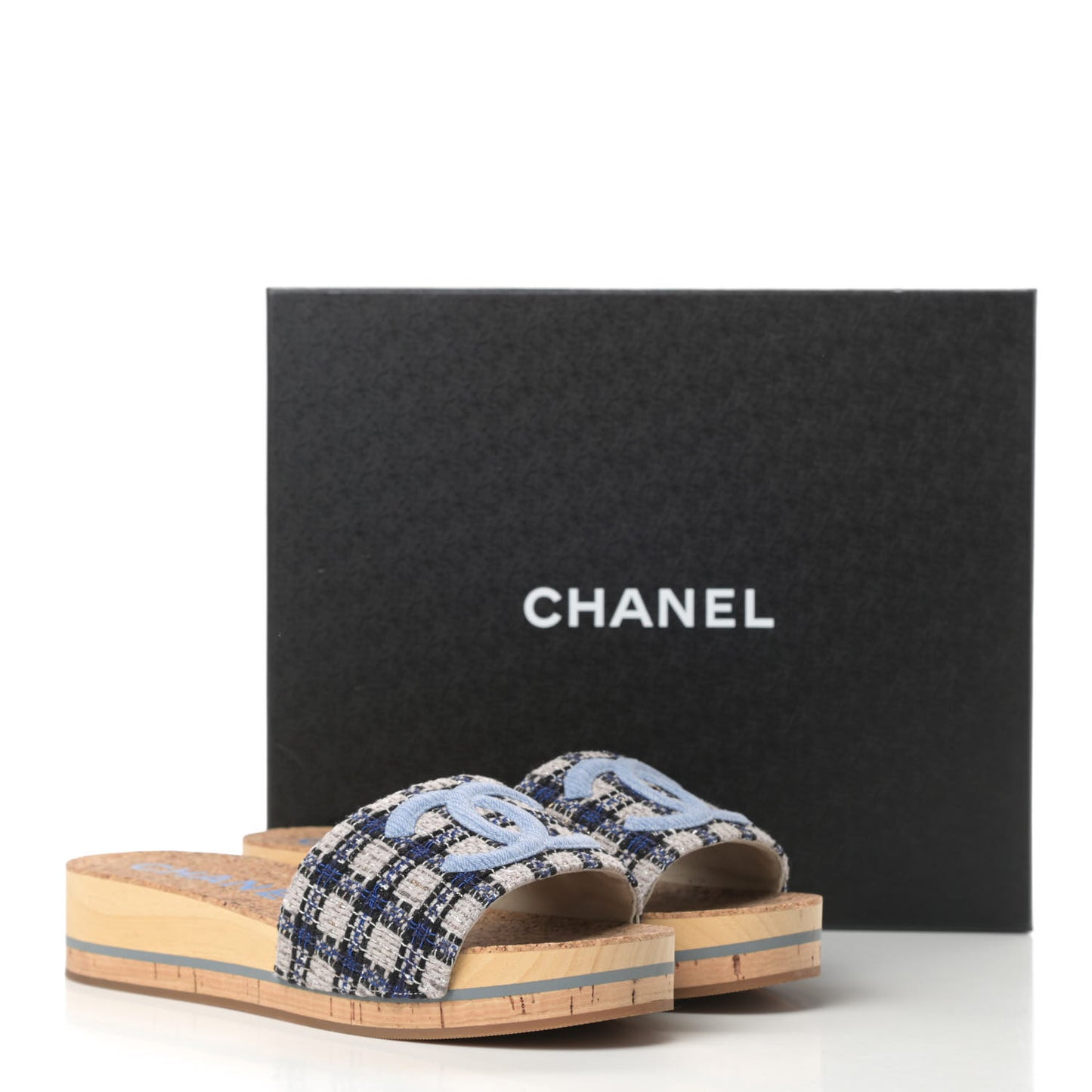 Tweed Mixed Fibers Cork CC Mule Sandal 41 Navy Blue White Blue
