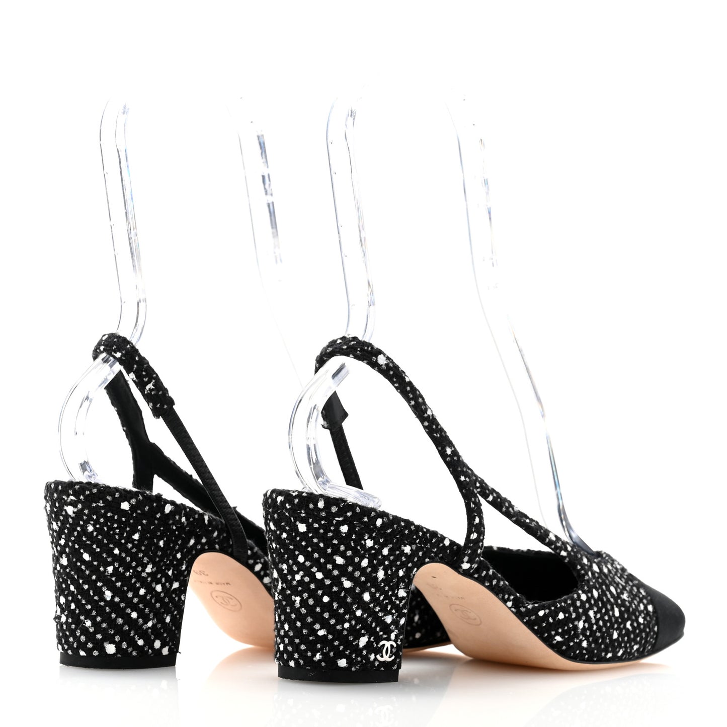 Tweed Grosgrain Cap Toe CC Slingback Pumps 39 Black Silver White