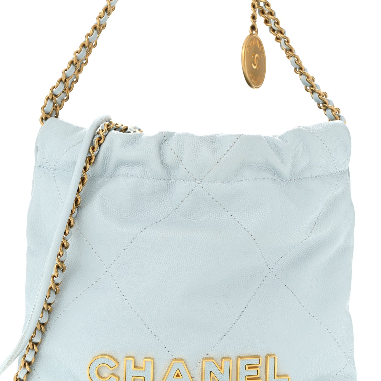 Shiny Caviar Quilted Mini Chanel 22 Light Blue