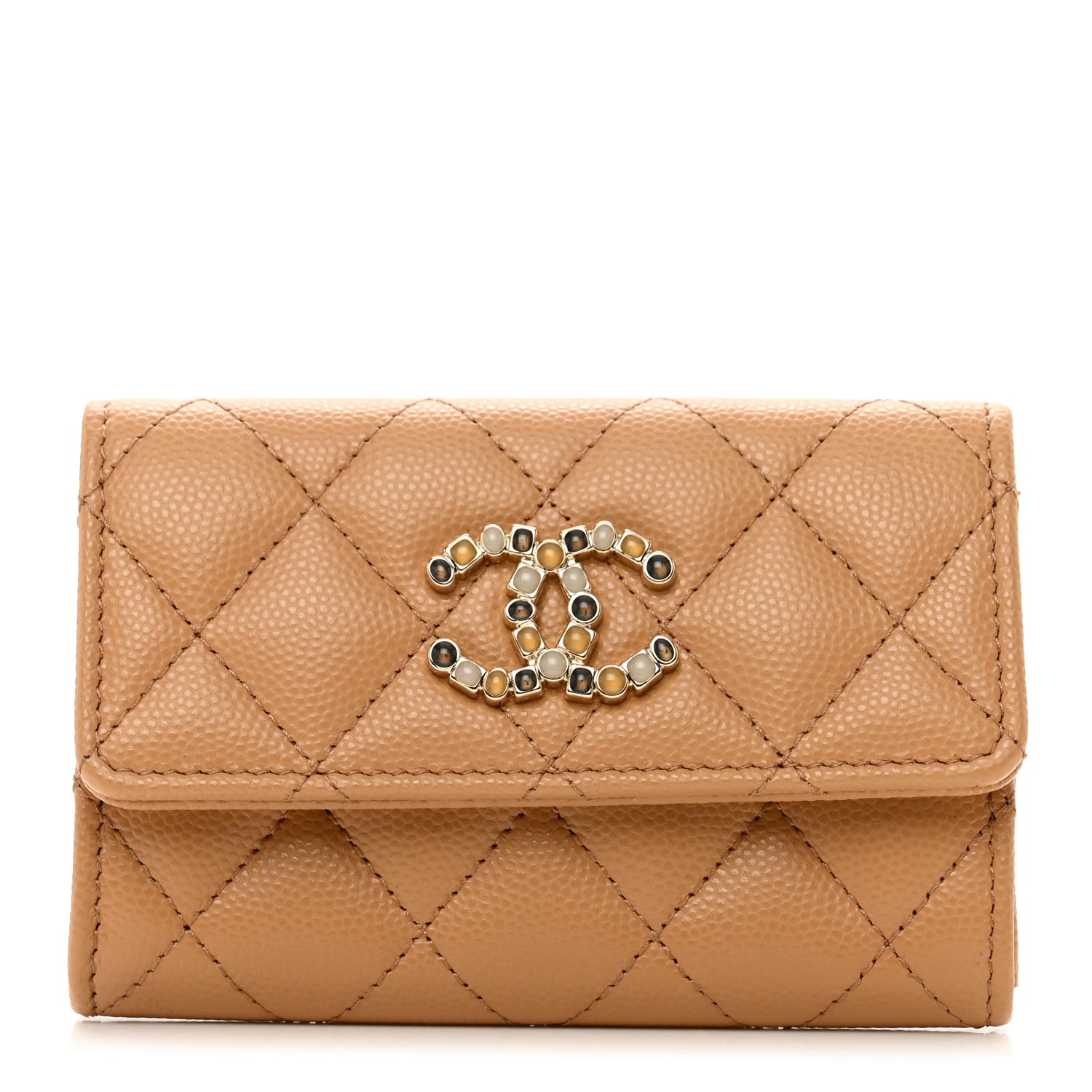 Chanel Shiny Caviar Enamel Quilted CC Flap Card Holder Beige 1 of 9
