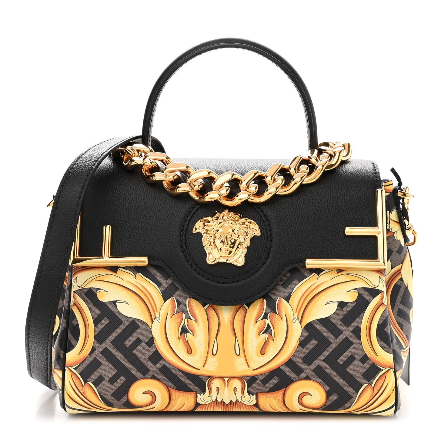 X FENDI Grained Calfskin Fendace La Medusa Medium Top Handle Bag Black Multicolor