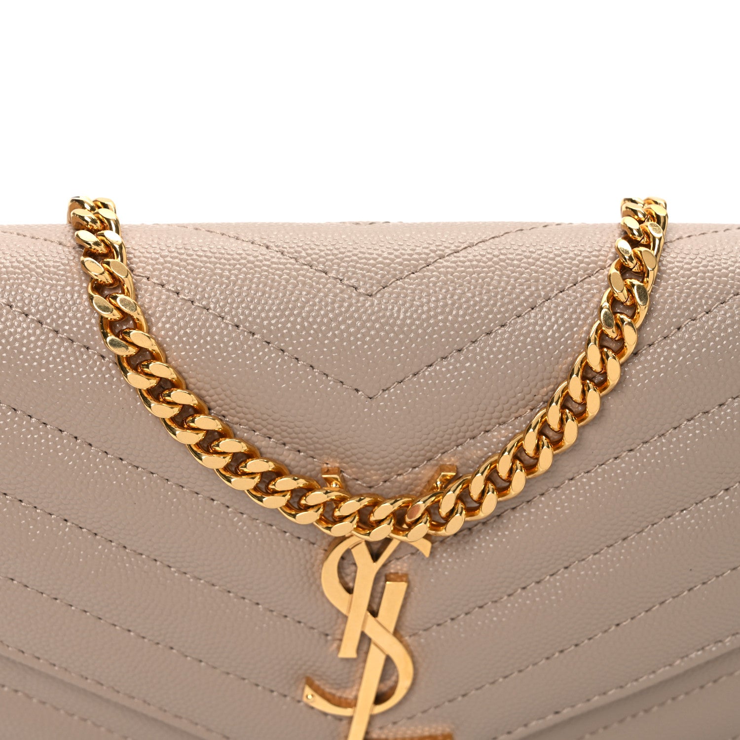 Saint Laurent Grain De Poudre Matelasse Chevron Monogram Chain Wallet Dark Beige 9 of 12