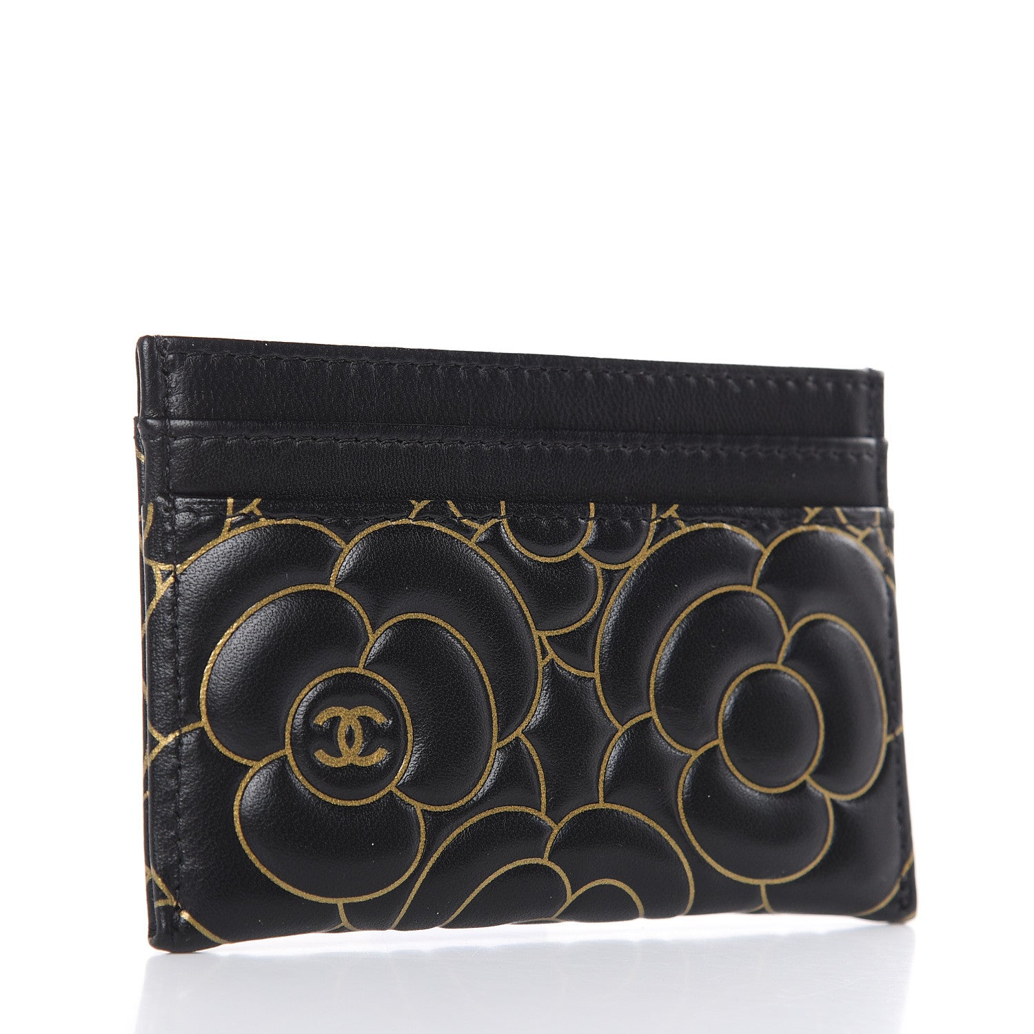 Chanel Lambskin Camellia Embossed Card Holder Black Gold 3 of 9