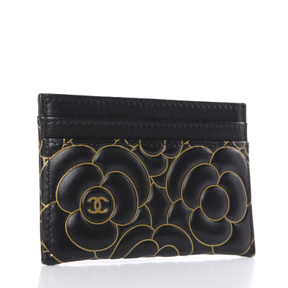 Chanel Lambskin Camellia Embossed Card Holder Black Gold 3 of 9