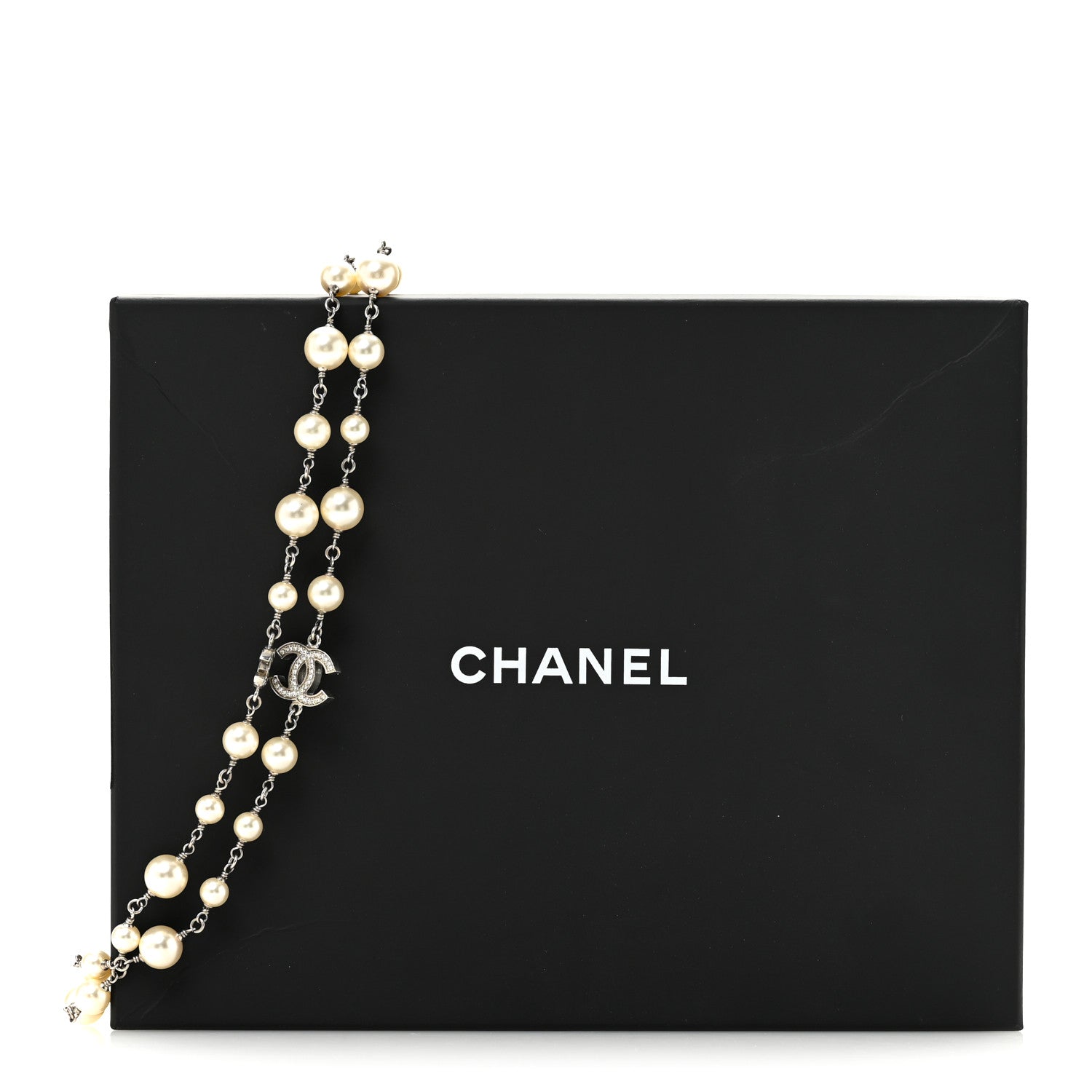Chanel Graduated Pearl Crystal CC Long Necklace Silver 6 of 6