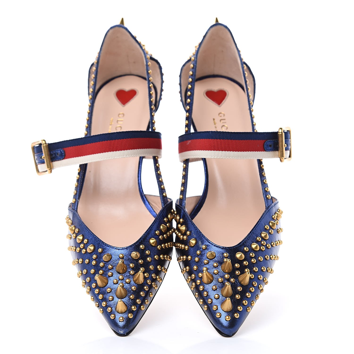 Gucci Metallic Nappa Silk Grosgrain Studded Sylvie Web Bamboo Low Heel Pumps 39 Sapphire 6 of 10
