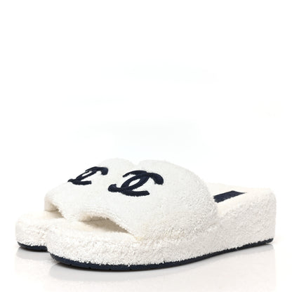 Chanel Terry CC Flat Mules Sandals 38 White Navy 6 of 16