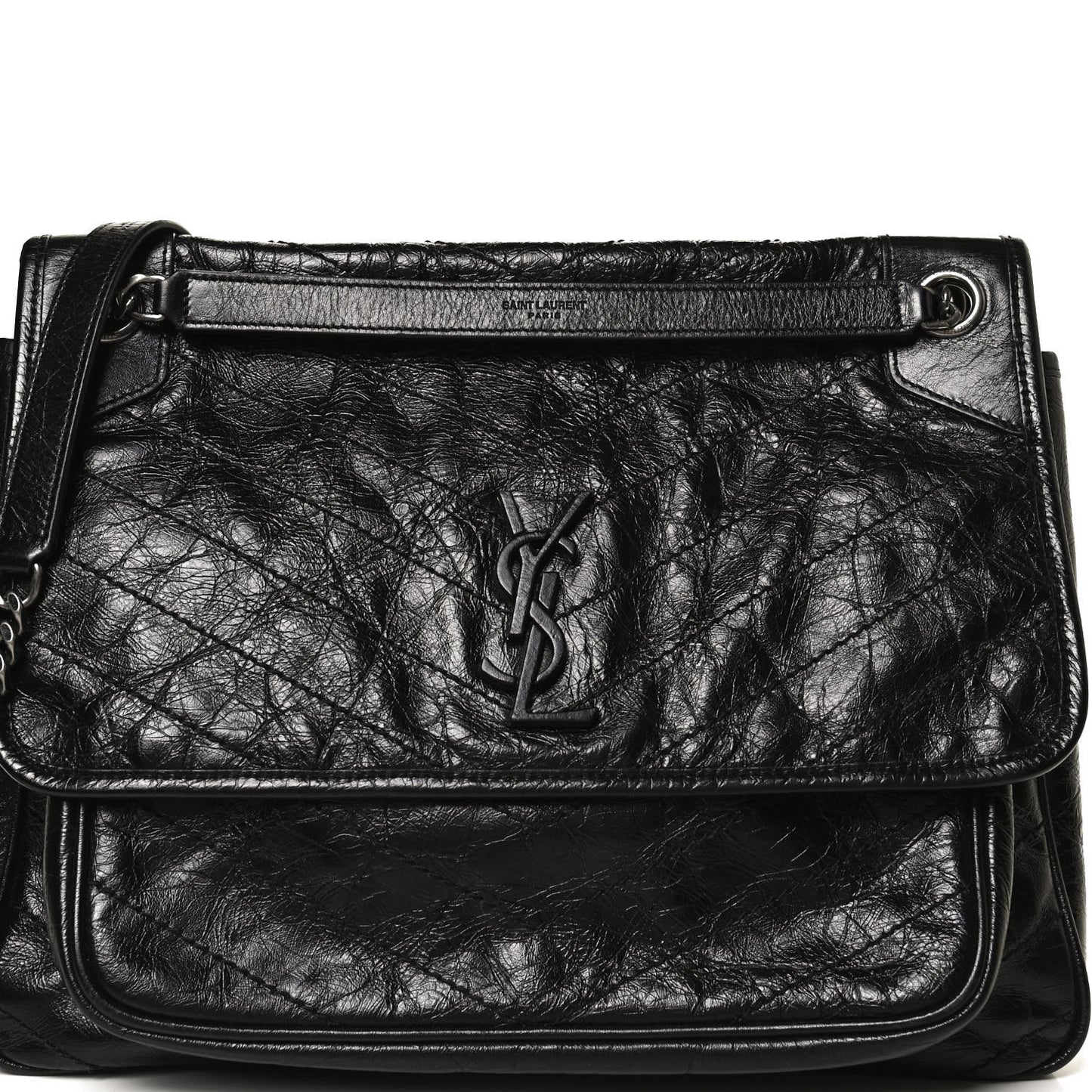 Crinkled Calfskin Matelasse Monogram Large Niki Chain Satchel Black