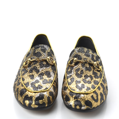 Gucci Jacquard Leopard Print Horsebit Womens Jordaan Loafers 38.5 Gold 2 of 10