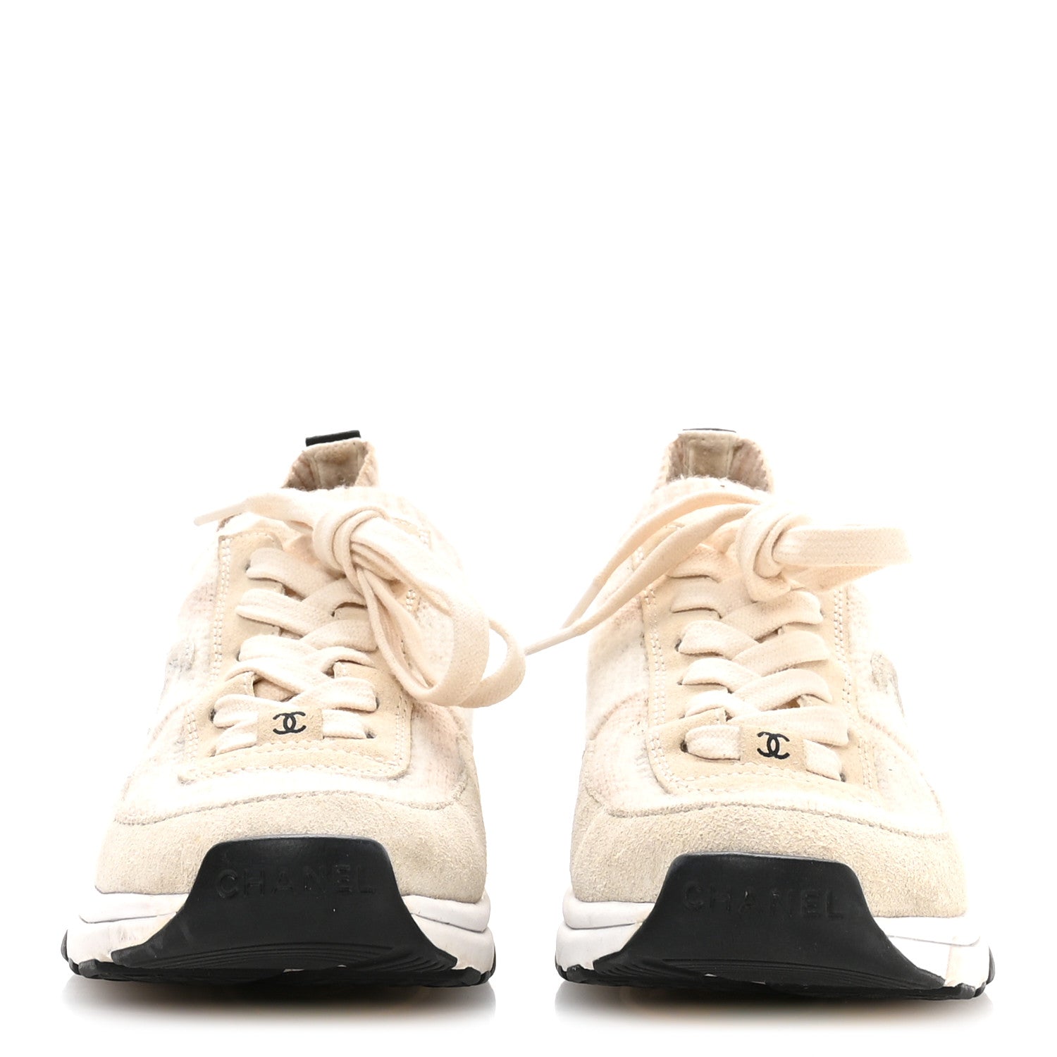Chanel Knit Fabric Suede Calfskin Womens CC Sneakers 36 Ivory 3 of 8