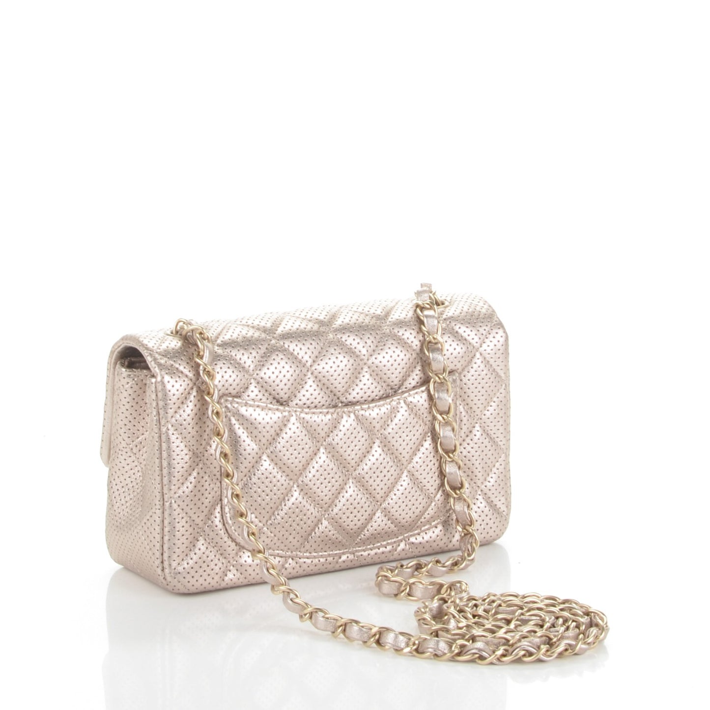Metallic Lambskin Perforated Mini Rectangular Flap Light Gold