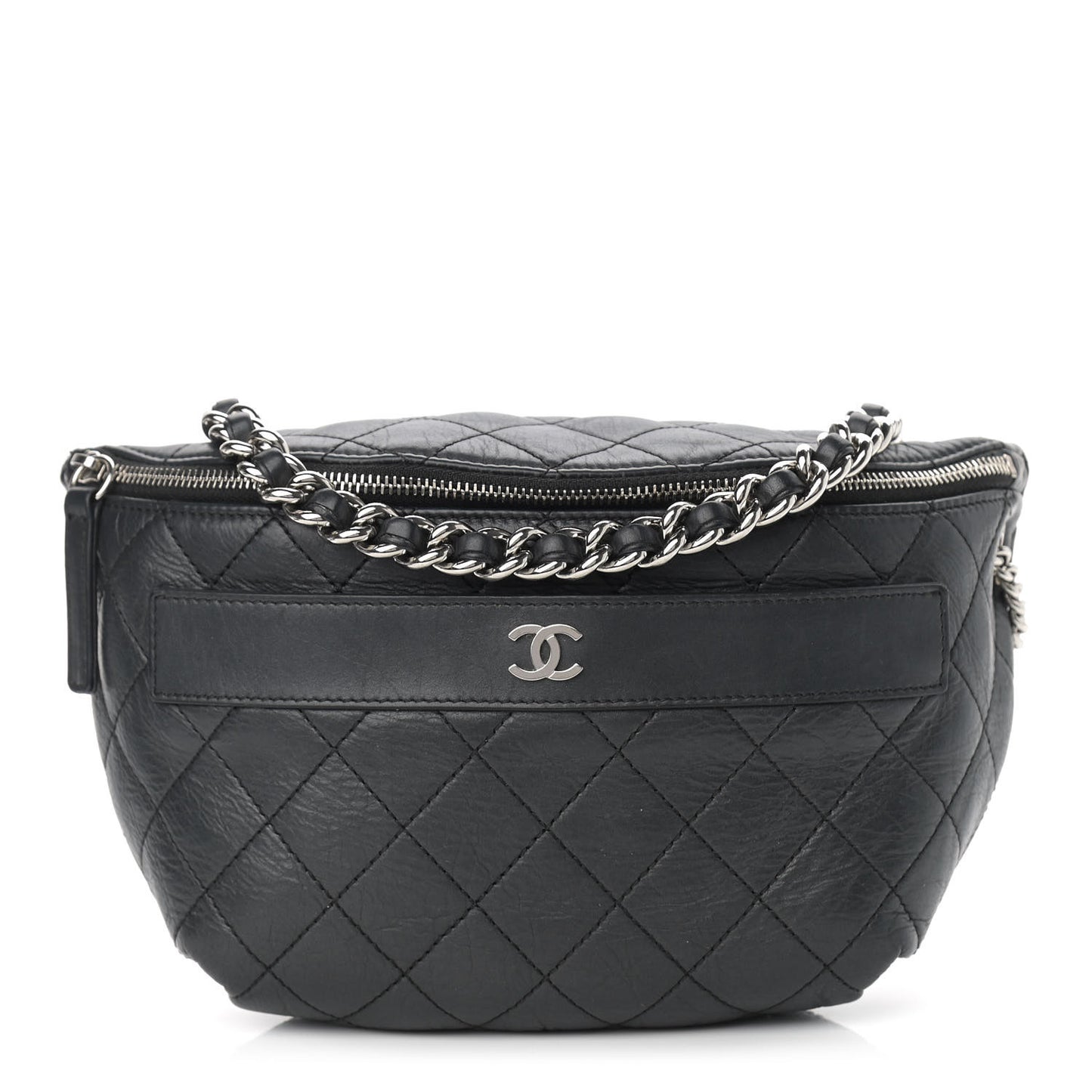 Aged Calfskin Quilted Crossbody Double Chain Bag Black