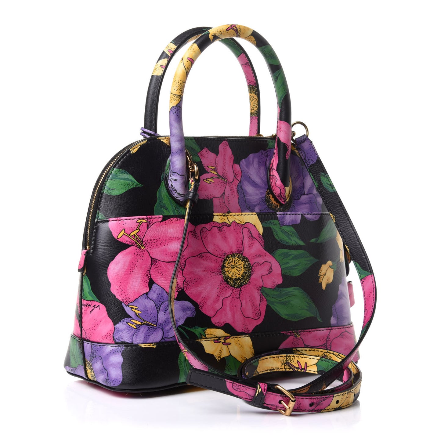 Smooth Calfskin Lush Floral Print S Ville Top Handle Bag Black Multicolor