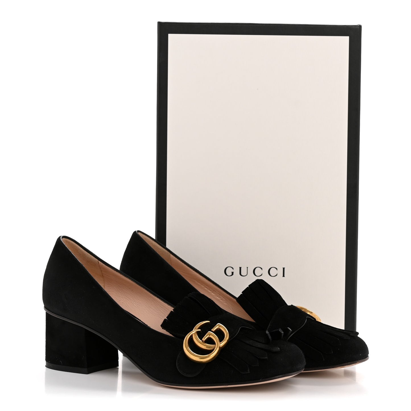 Kid Scamosciato GG Marmont Fringe 50mm Loafer Pumps 37.5 Black