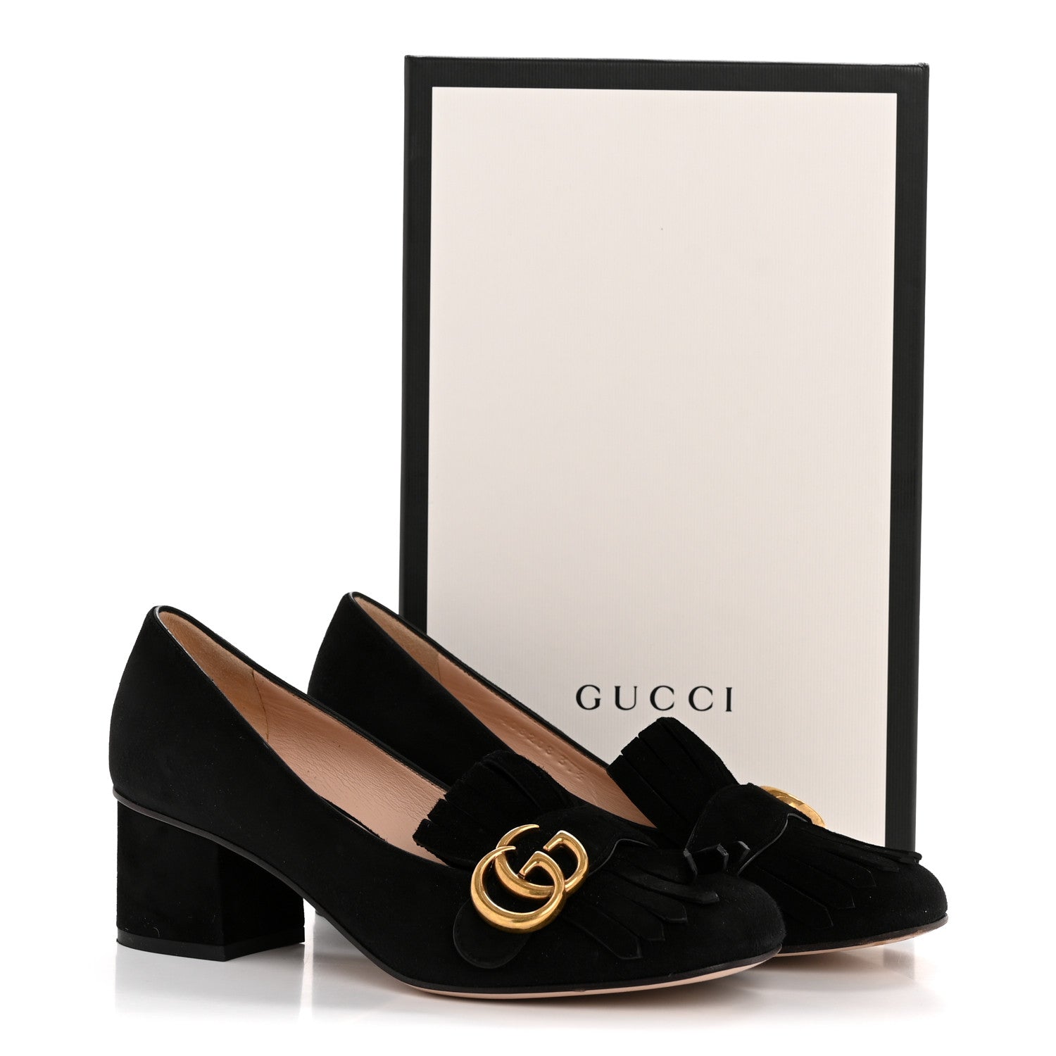 Gucci Kid Scamosciato GG Marmont Fringe 50mm Loafer Pumps 37.5 Black 11 of 11