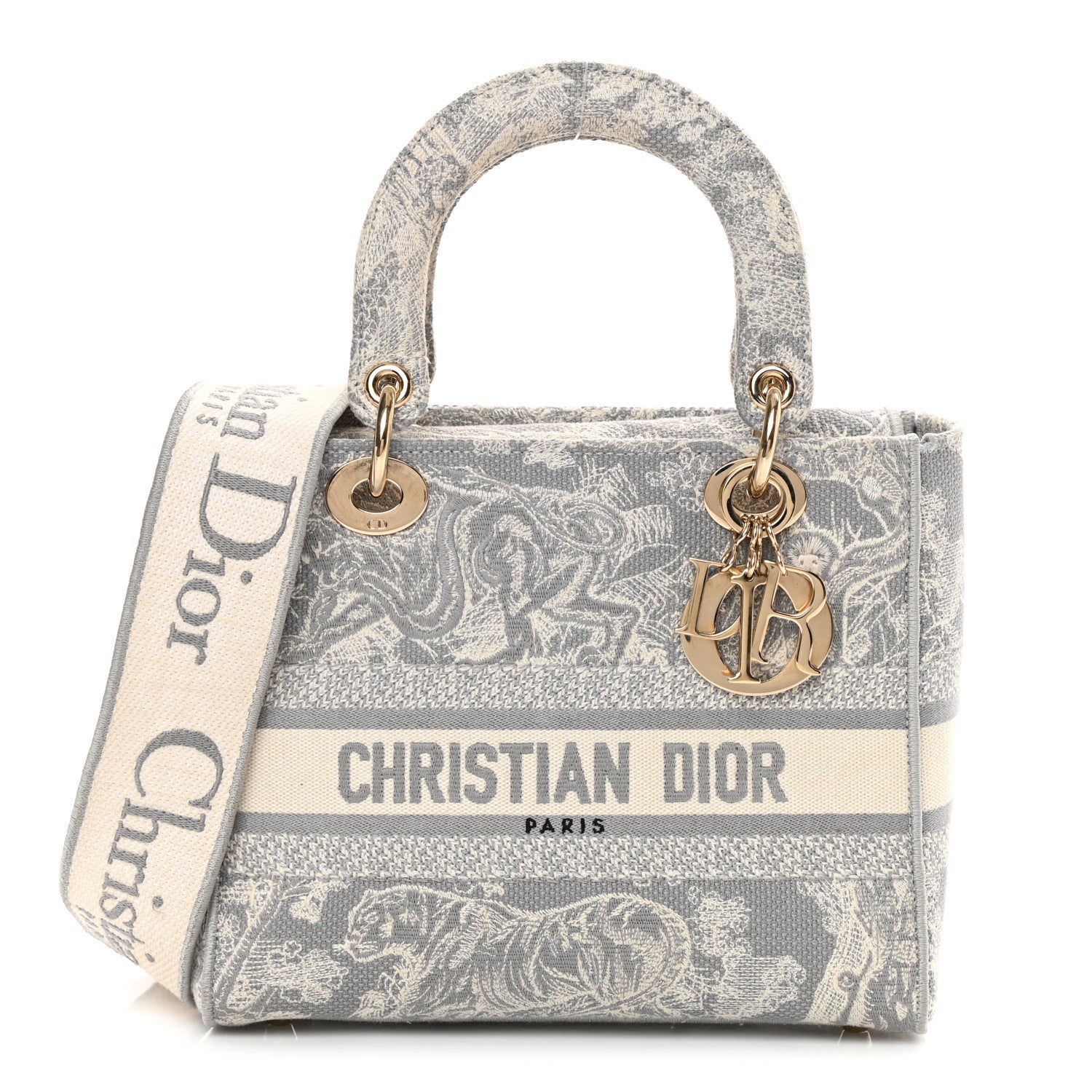 Christian Dior Canvas Toile De Jouy Reverse Embroidered Medium Lady D-Lite Gray 1 of 12