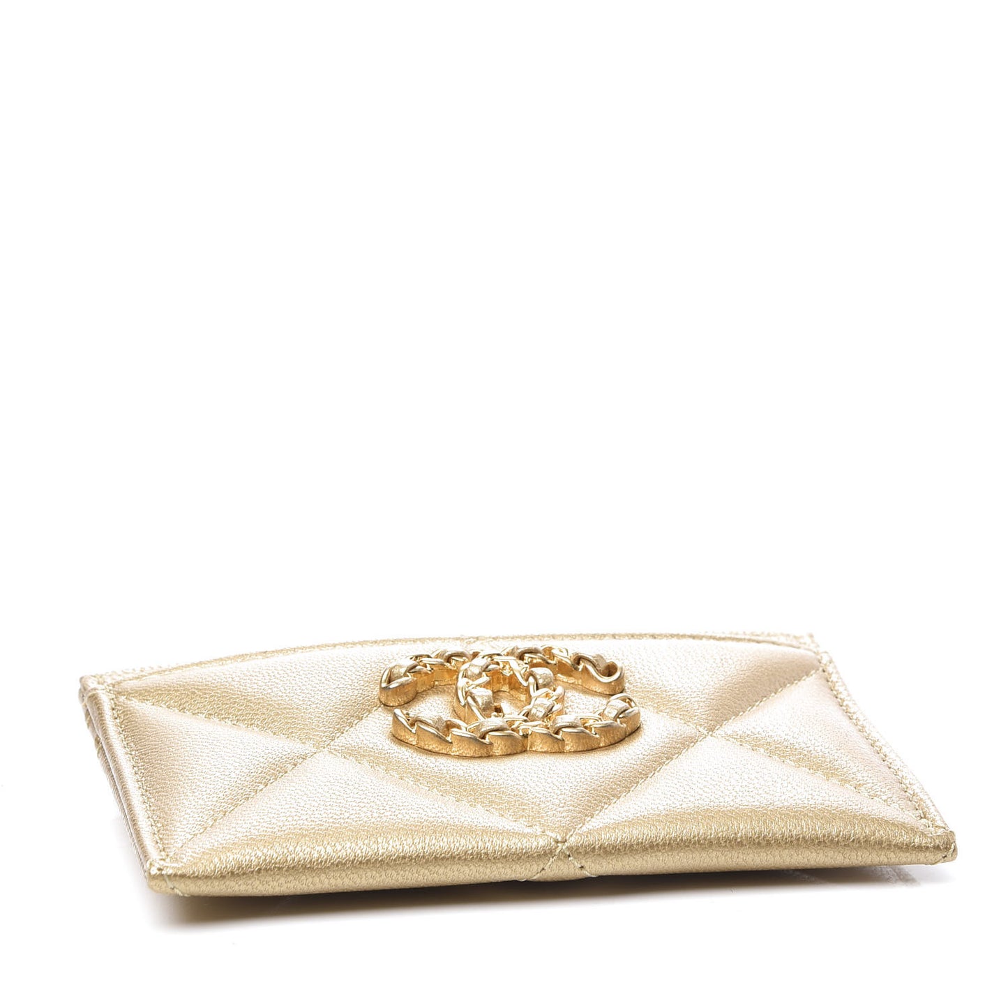 Metallic Goatskin Quilted Chanel 19 Card Holder Gold