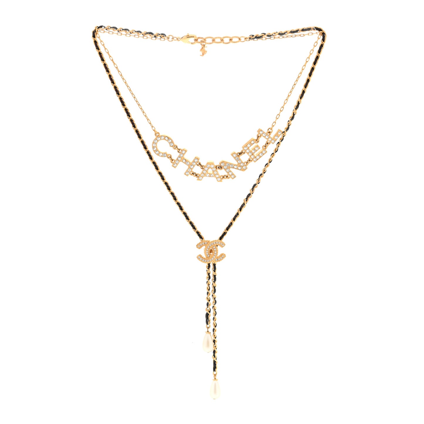 Lambskin Crystal Pearl Logo CC Double Strand Necklace Gold White Black