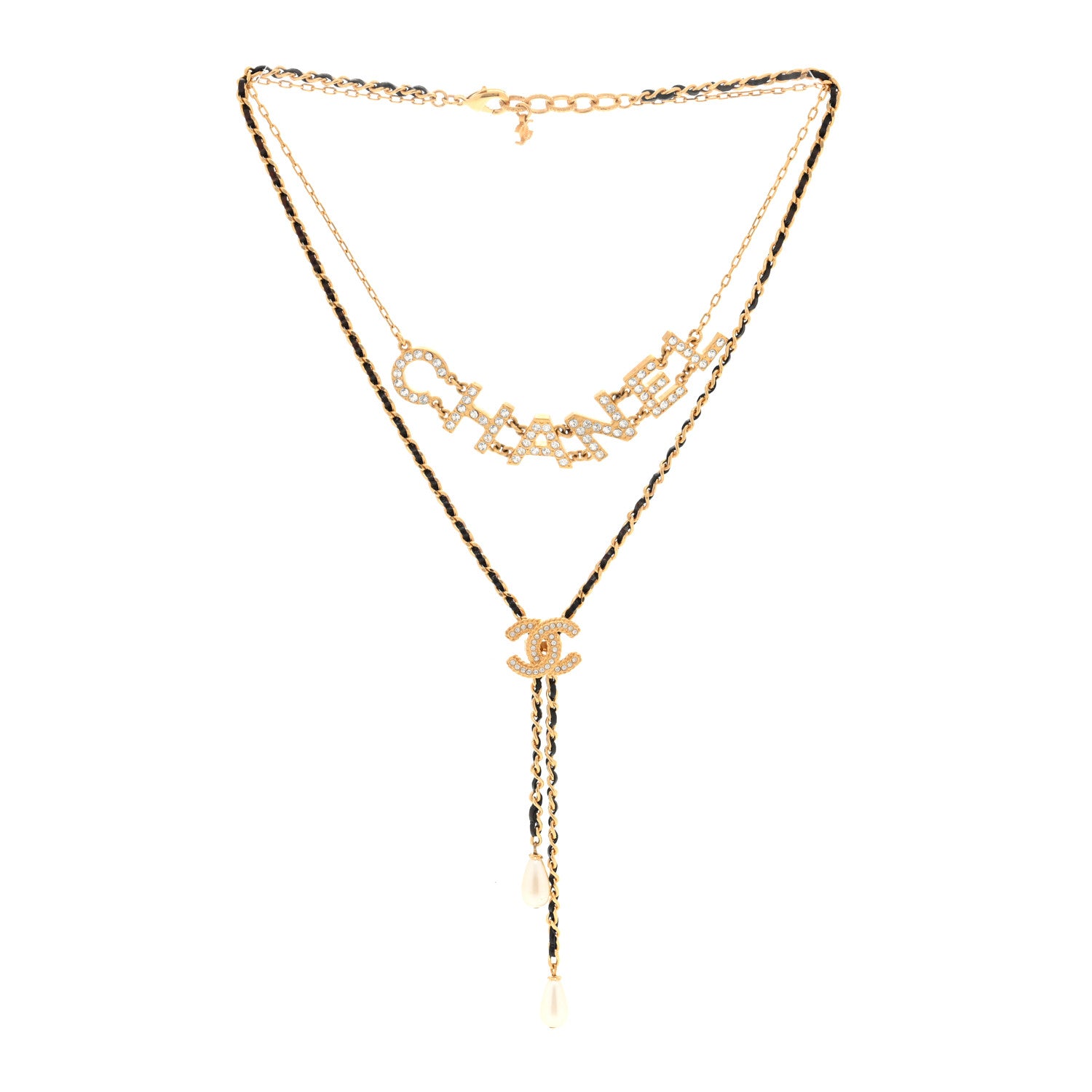 Chanel Lambskin Crystal Pearl Logo CC Double Strand Necklace Gold White Black 2 of 5
