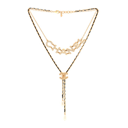 Chanel Lambskin Crystal Pearl Logo CC Double Strand Necklace Gold White Black 2 of 5