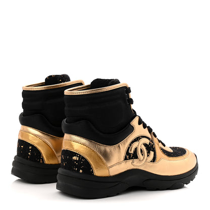 Chanel Satin Lambskin Fabric Tweed CC High Top Sneakers 39 Black Gold 5 of 9