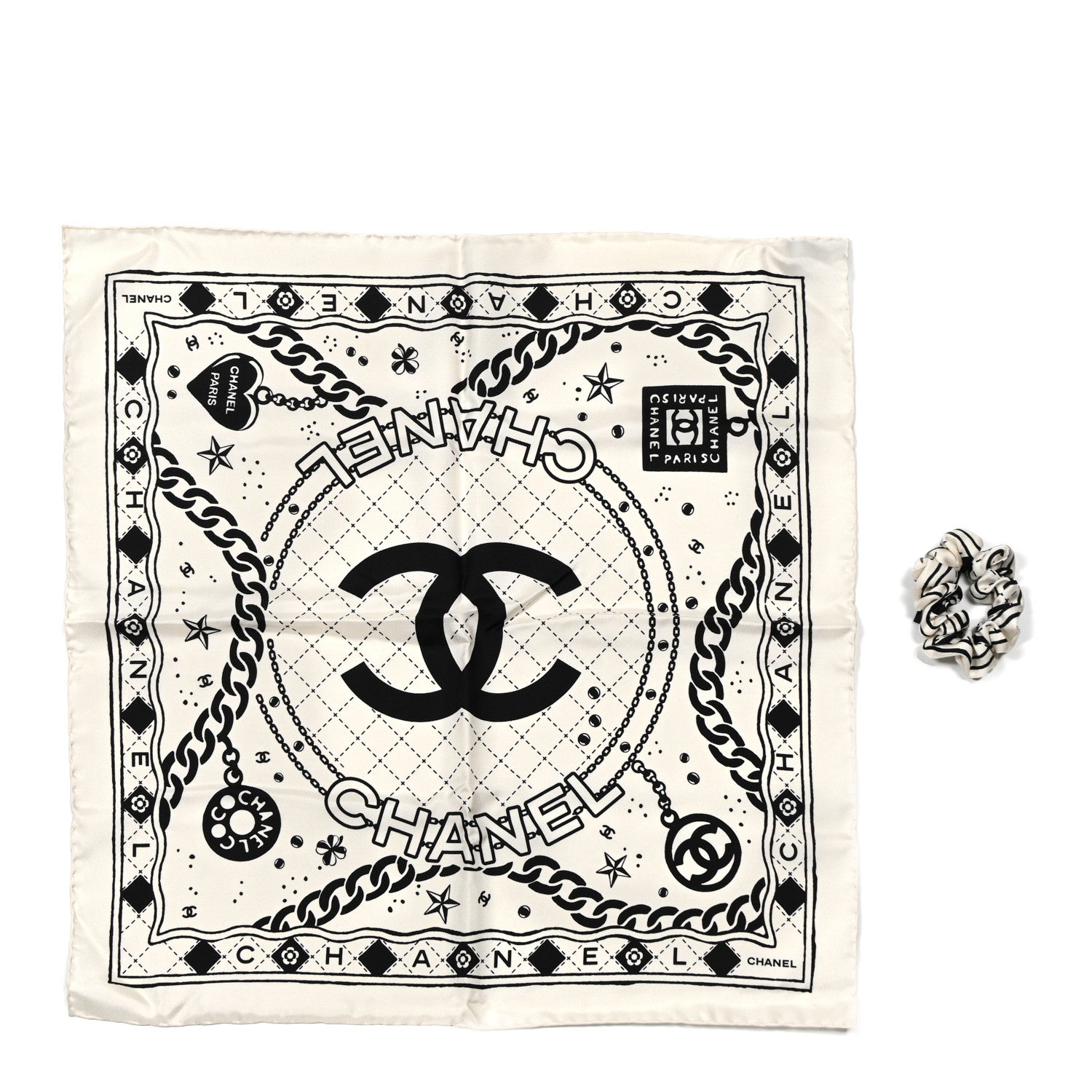 Chanel Silk Twill Square Scarf Hair Tie Ecru Black 7 of 8