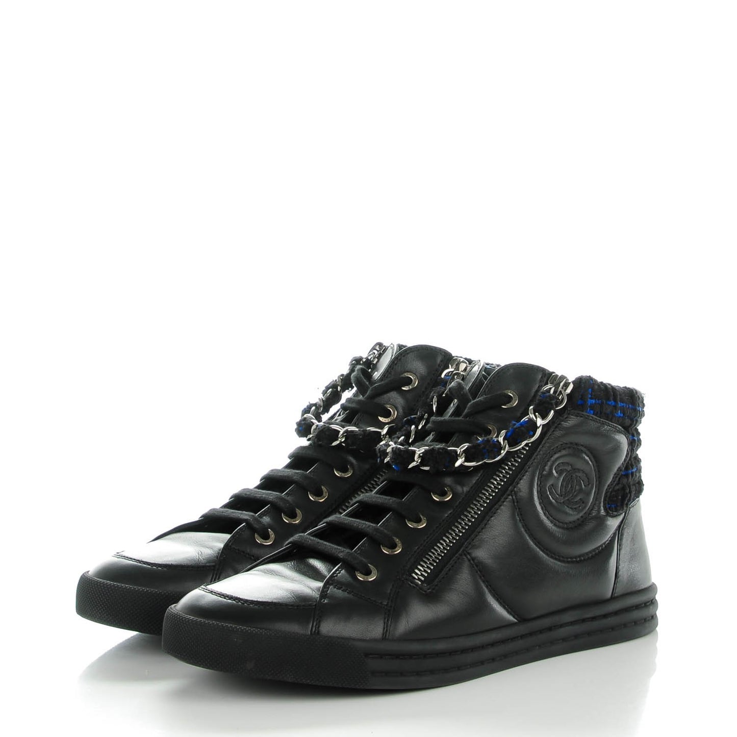 Lambskin Tweed Zipped Sneakers 38 Black Blue