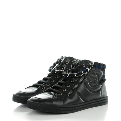 Chanel Lambskin Tweed Zipped Sneakers 38 Black Blue 3 of 9