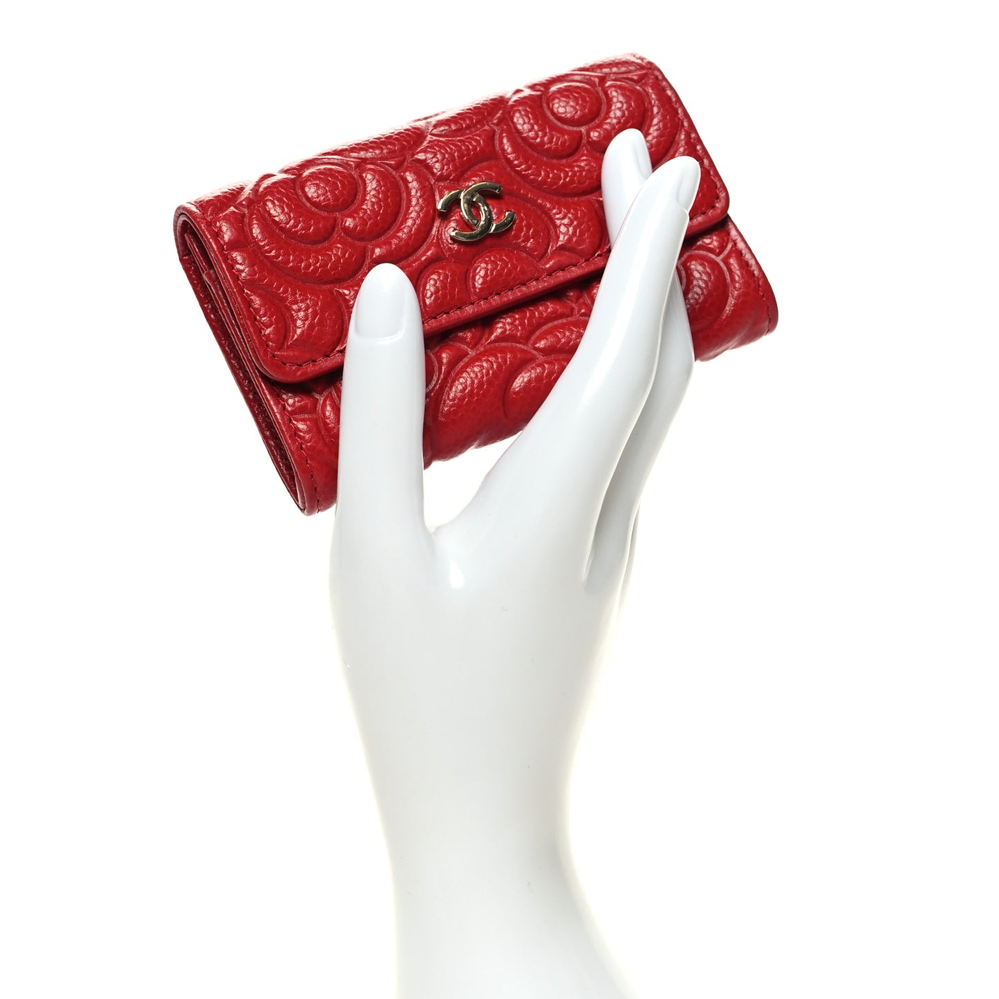 Caviar Camellia Embossed Flap Card Holder Wallet Red